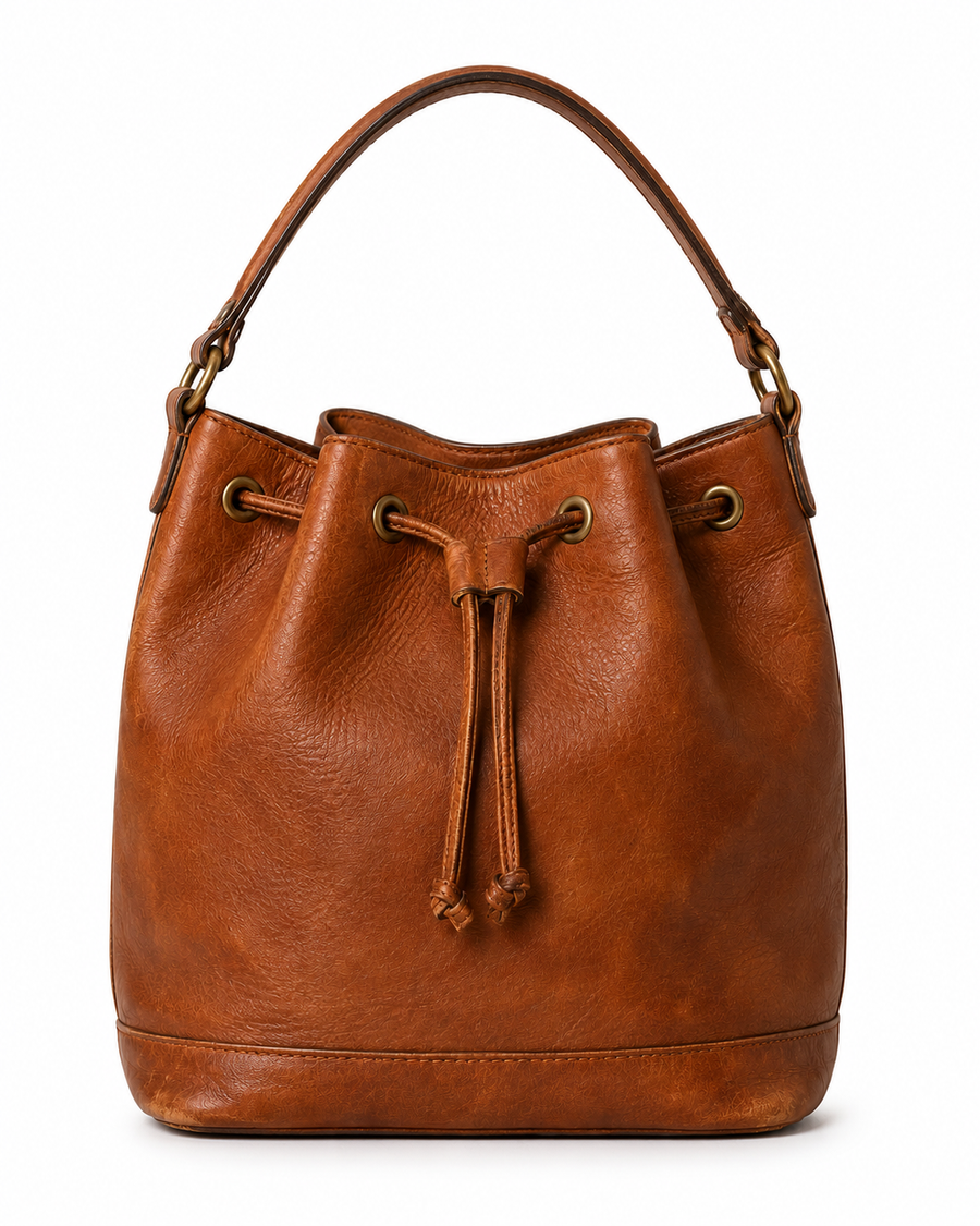 Pre-Owned Cognac Drawstring Bucket Bag - front view