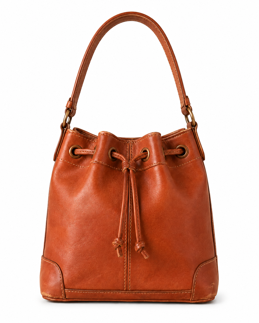 Pre-Owned Cognac Drawstring Bucket Shoulder Bag - front view