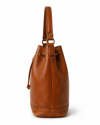 Pre-Owned Cognac Drawstring Bucket Bag - right angle view