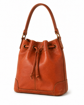 Pre-Owned Cognac Drawstring Bucket Shoulder Bag - left angle view