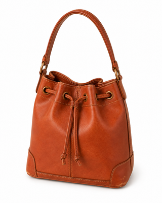 Pre-Owned Cognac Drawstring Bucket Shoulder Bag - right angle view