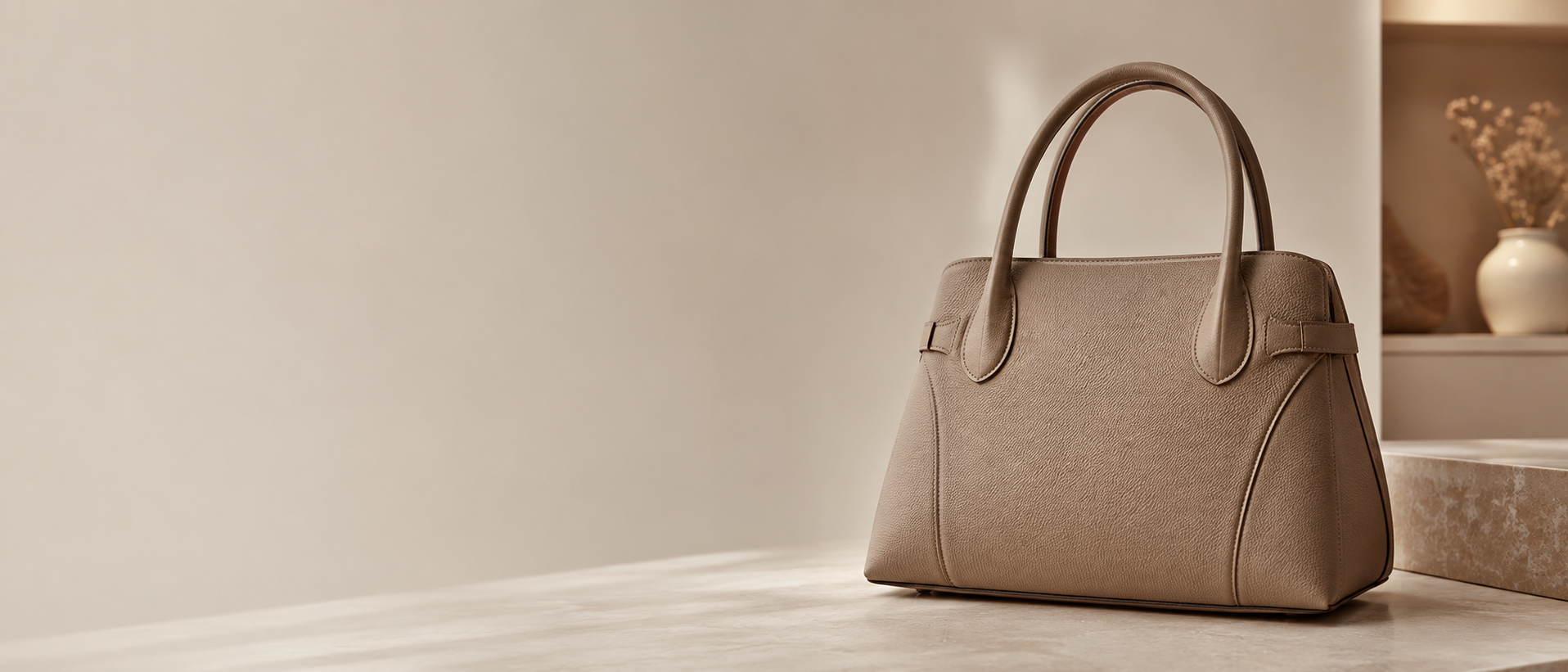 Unbranded taupe women's handbag displayed in a neutral interior